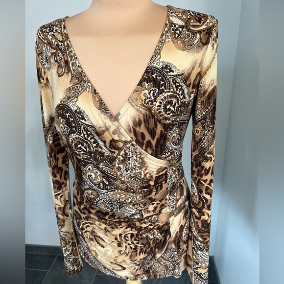 Cache Faux Wrap Long Sleeve Stretch Blouse Animal Paisley Print - Picture 2 of 9